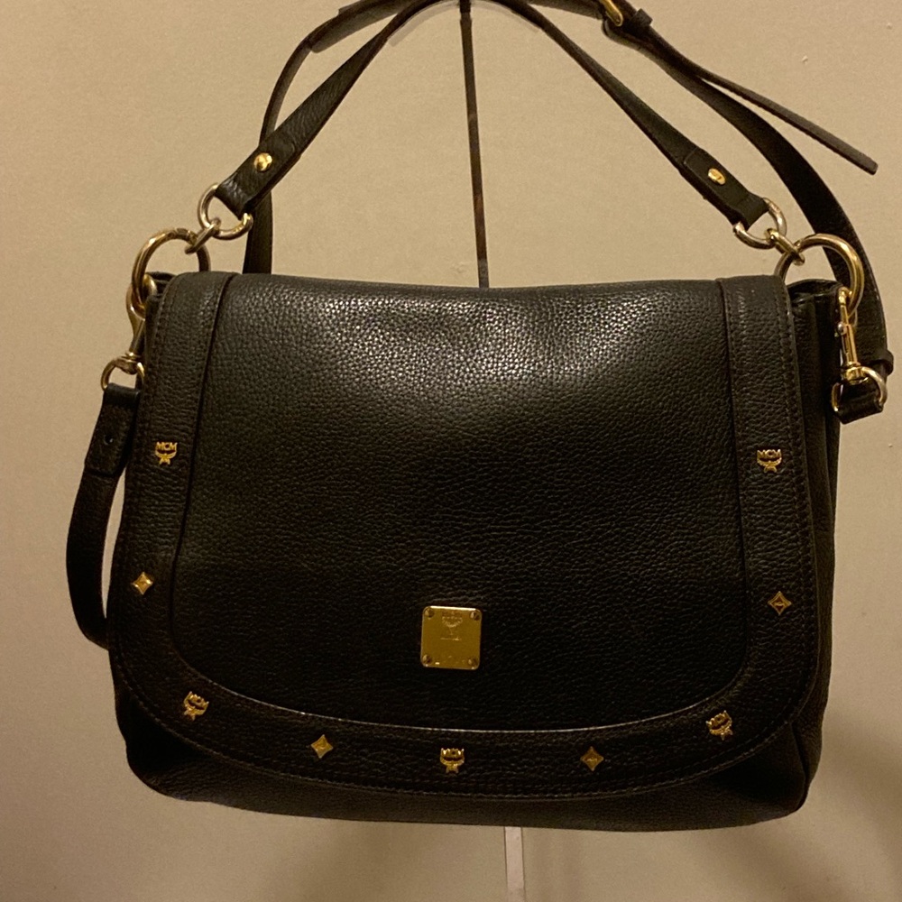 MCM Black Leather Shoulder Bag with Gold Hardware